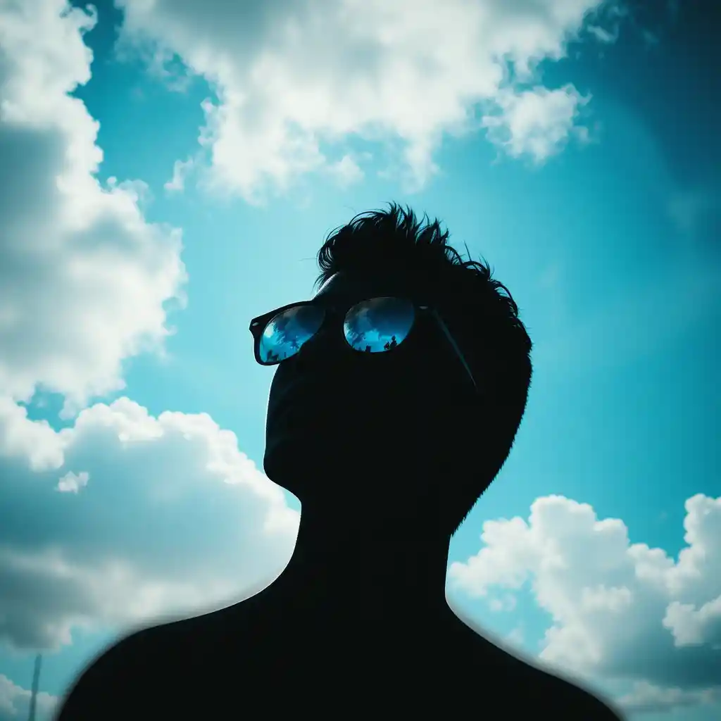 Silhouette With Sunglasses Reflected In Bright Blue Sky