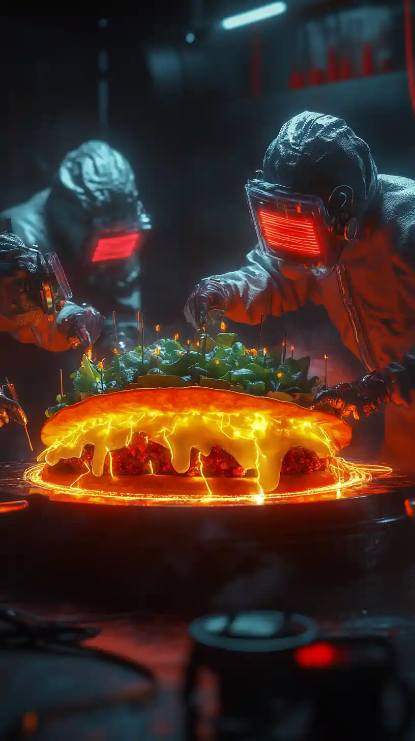 Mini workers tend a glowing radioactive taco core