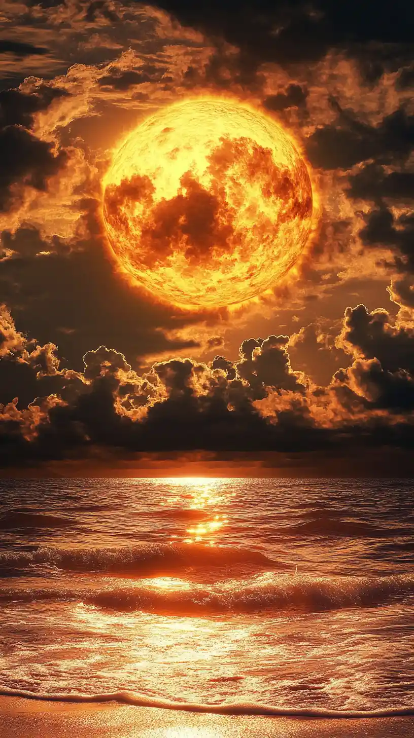 Sole dorato surreale che sorge su onde oceaniche scintillanti