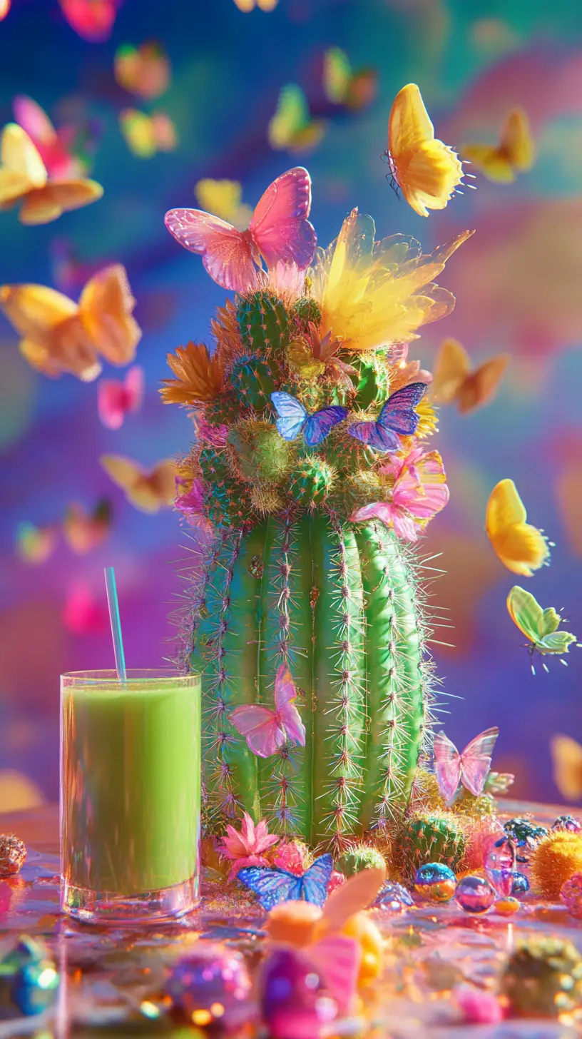 Vibrant cactus pyramid with pastel butterflies and juice