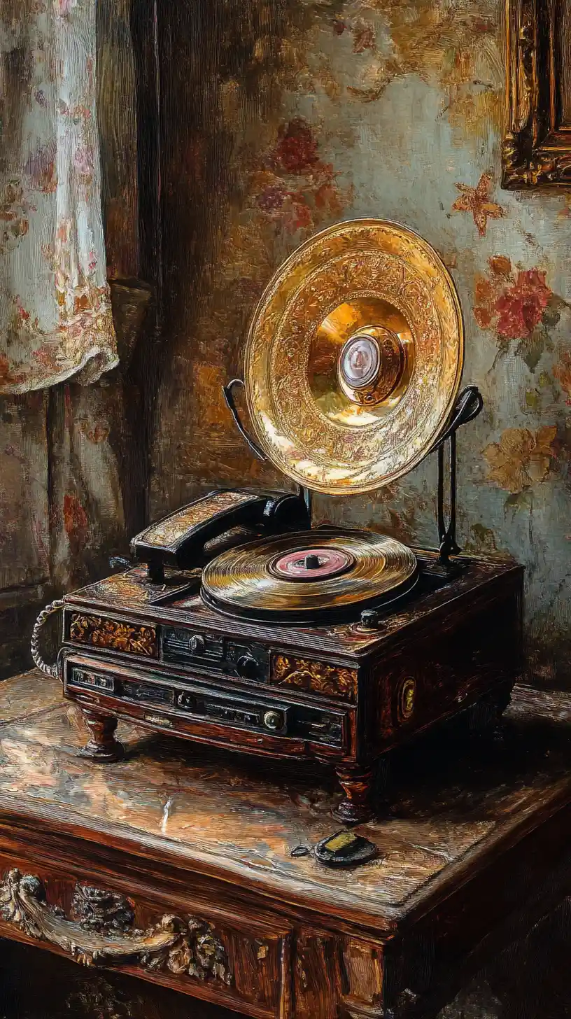 Vintage record player and phone in an old room