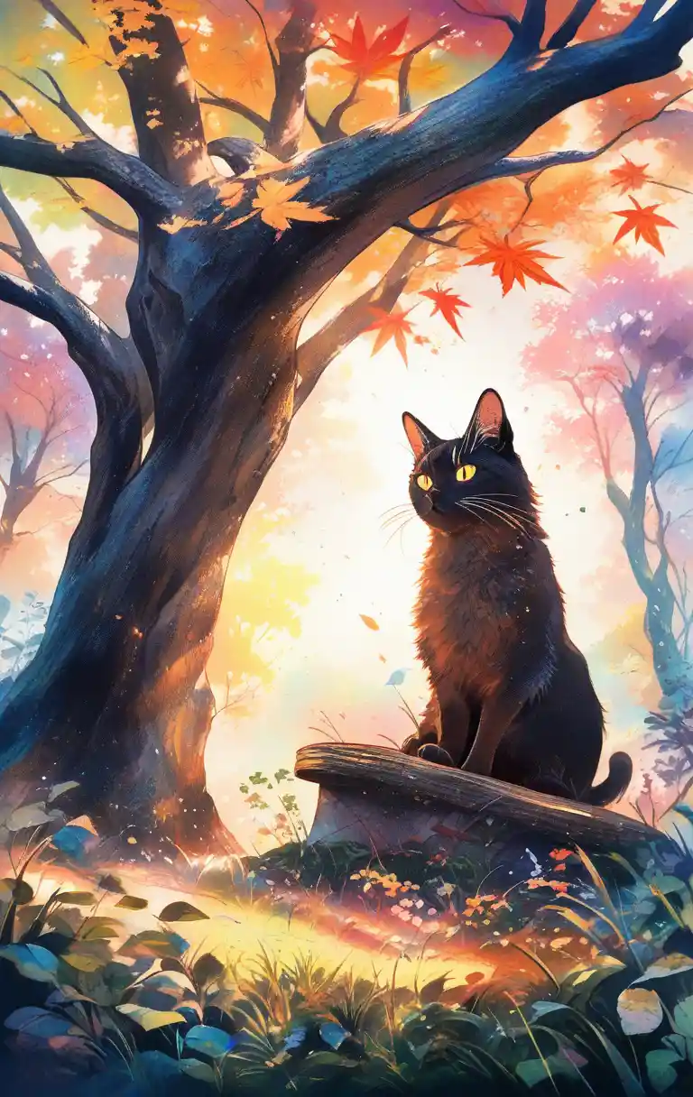 Black cat on a rock in a serene watercolor forest