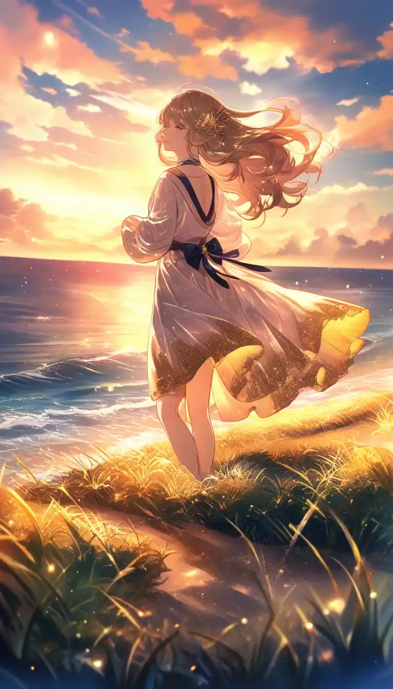 Anime girl on a dreamy beach at dusk