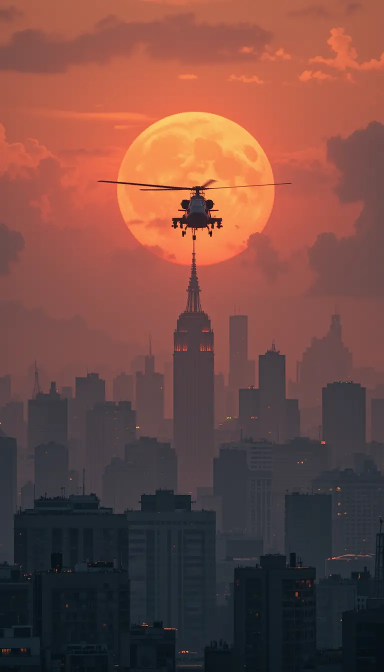 Dramatic Cityscape At Sunset With Helicopter And Full Moon