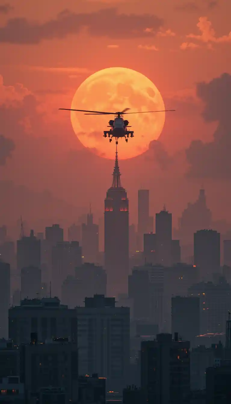Dramatische Stadtsilhouette bei Sonnenuntergang mit Hubschrauber und Vollmond