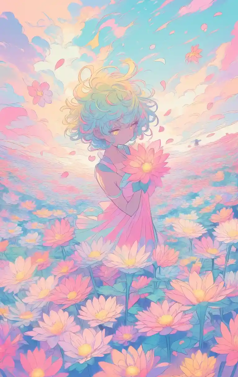 Anime boy smelling a large flower in a field