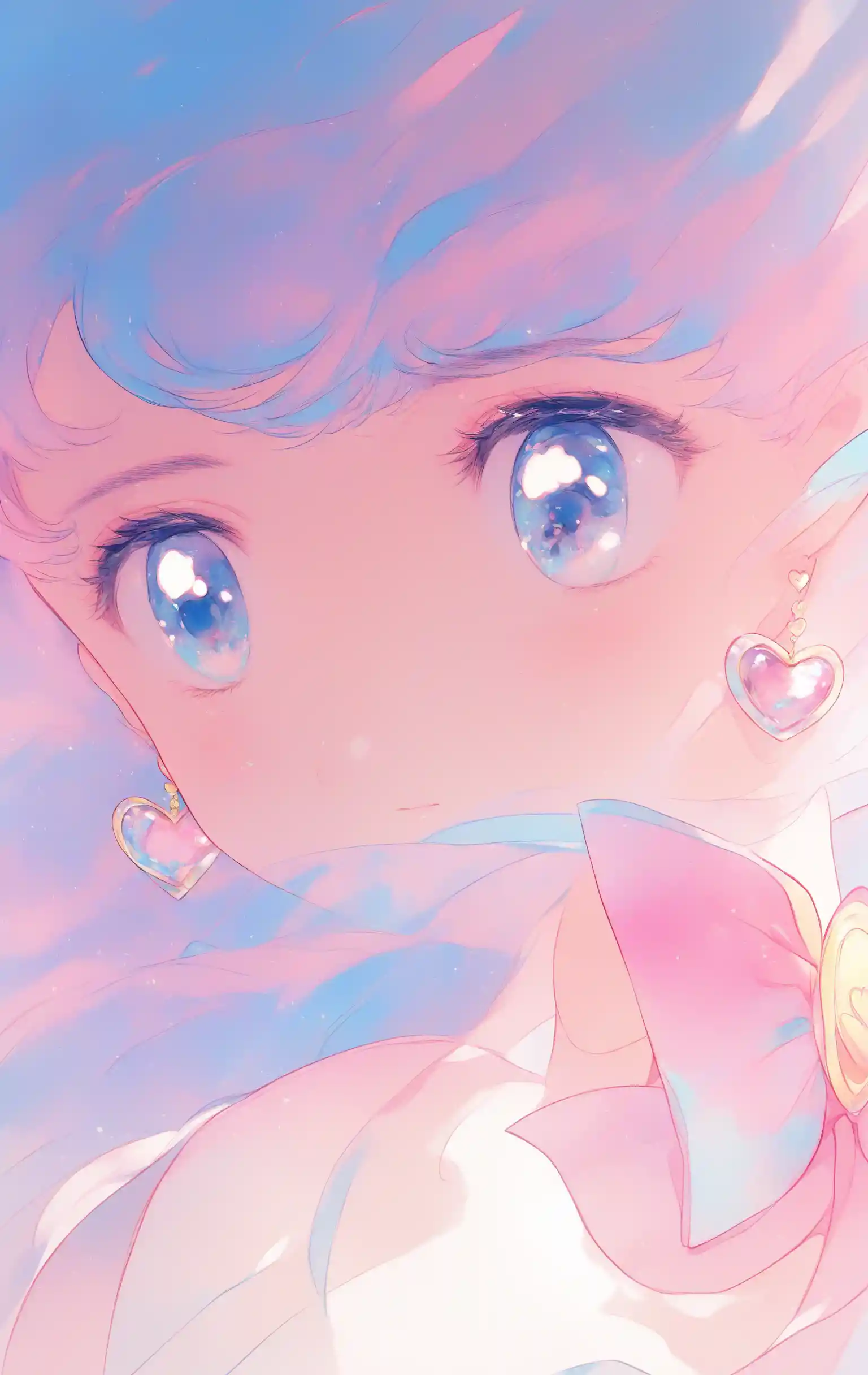 Shy anime girl close up with pink bow and hearts