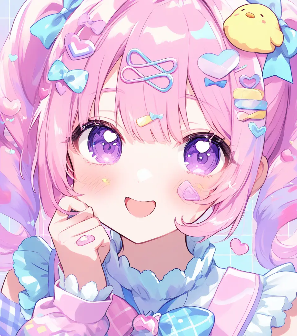 Cute anime girl with pink hair and pastel hearts