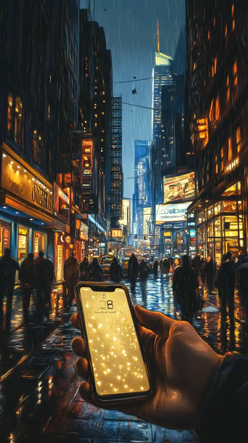 Goldenes Smartphone in der Hand auf einer New Yorker Nachtstraße