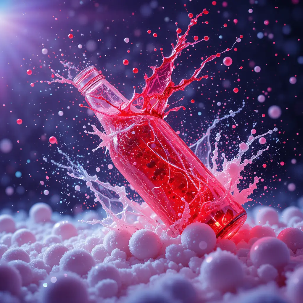 Surreal glowing bottle exploding through snow and jelly beads