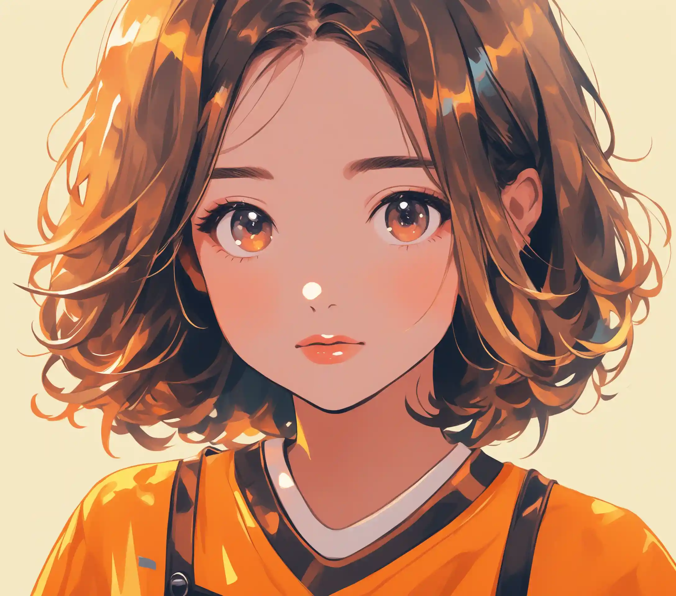 Anime girl portrait in orange sweater on soft yellow background