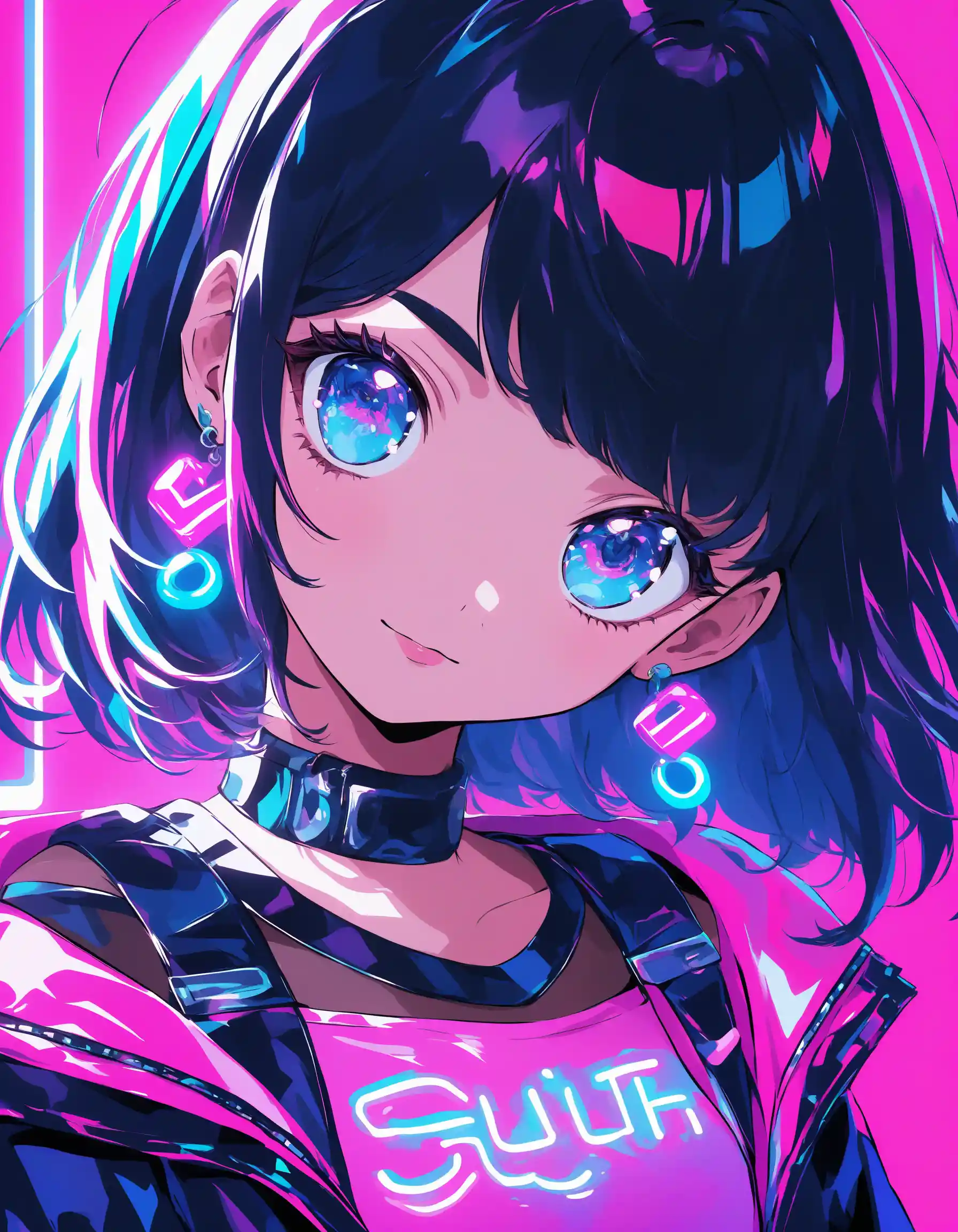 Ritratto di ragazza anime goth carina con luci al neon rosa