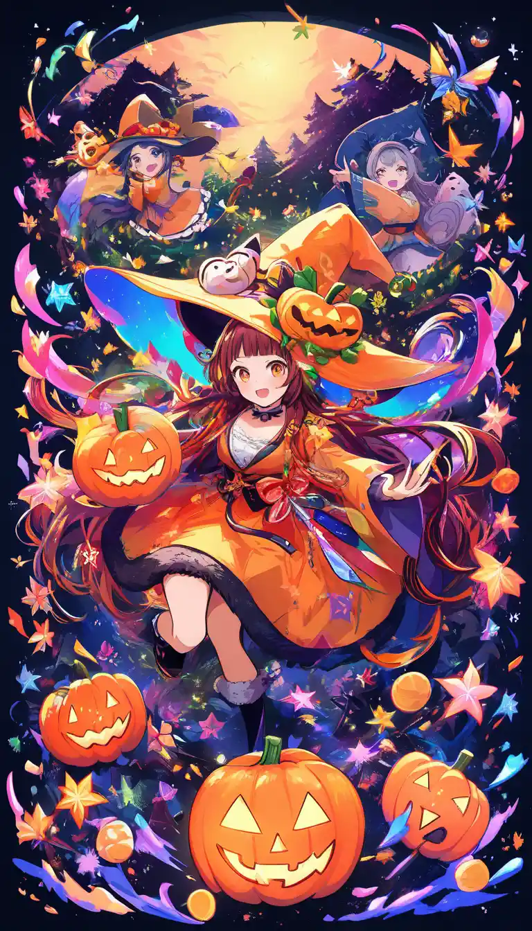 Anime girl in halloween kimono with pumpkin in forest