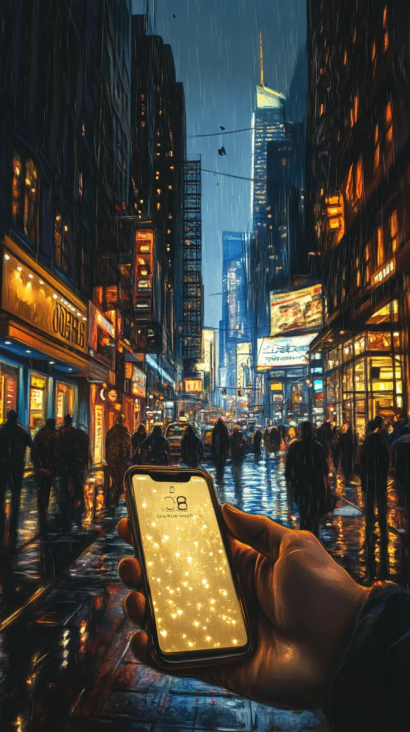 Golden smartphone in hand on a New York night street
