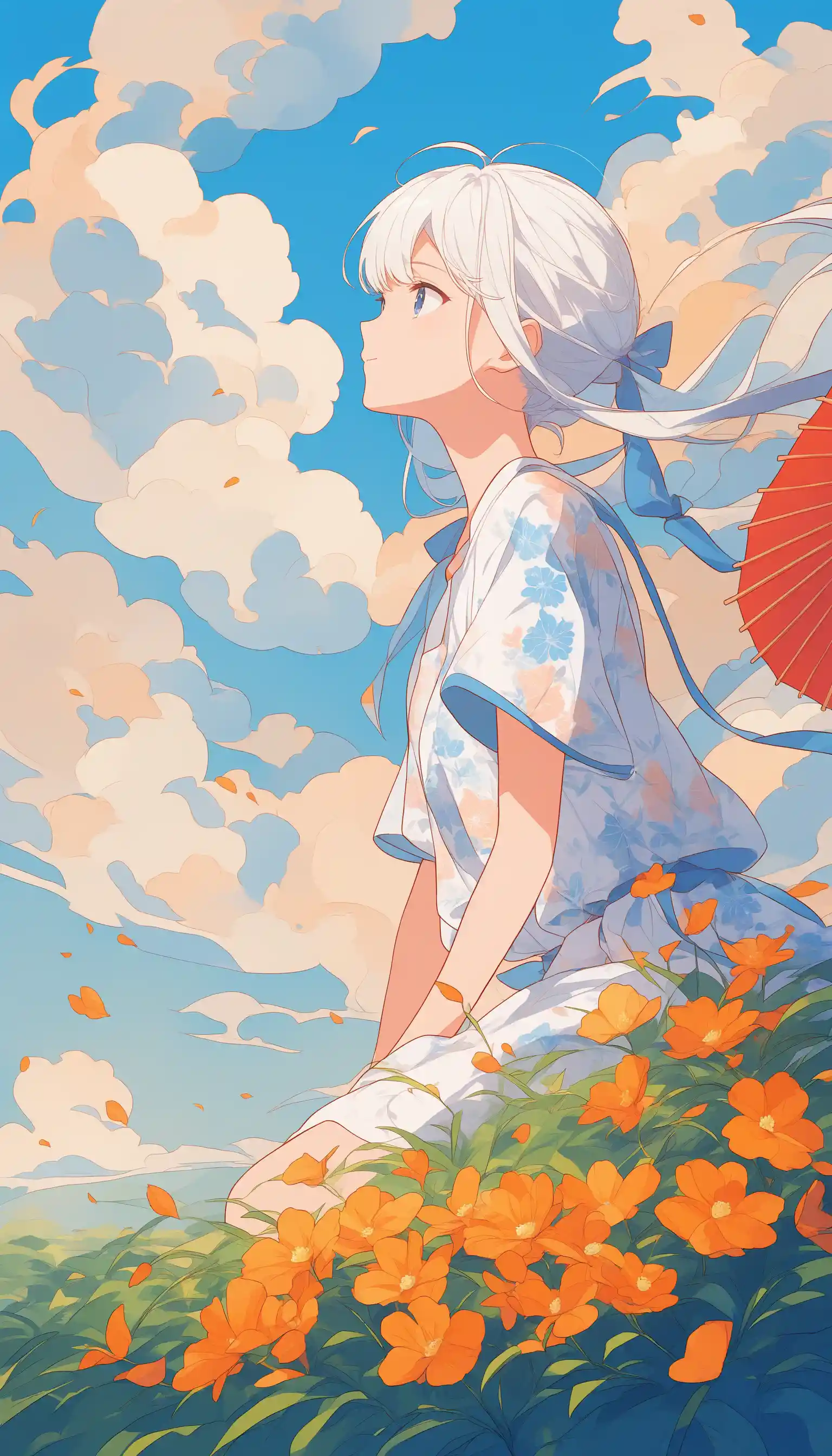 Anime girl with umbrella sitting in summer grass