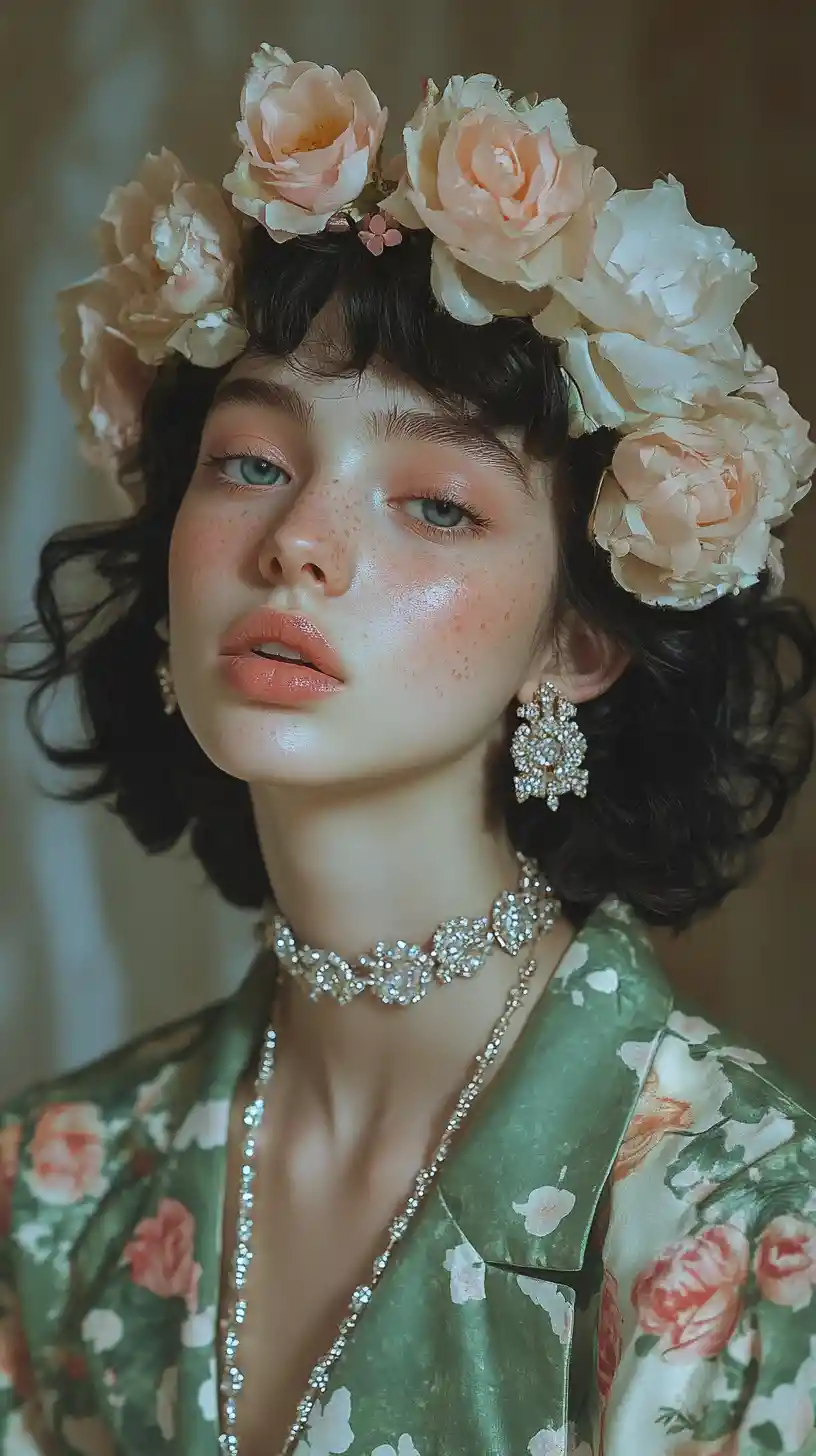 Dreamy fashion portrait of young woman with floral crown