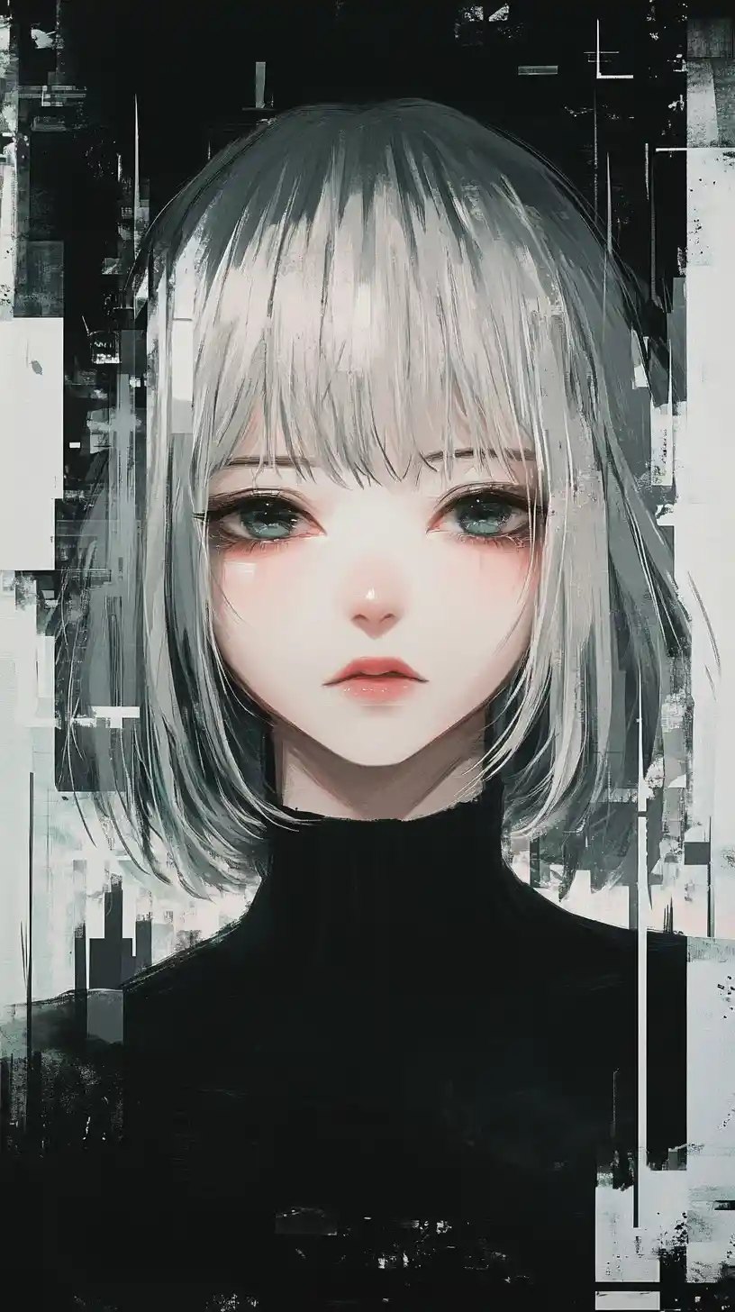 Anime girl in abstract grid with ink splash shadows