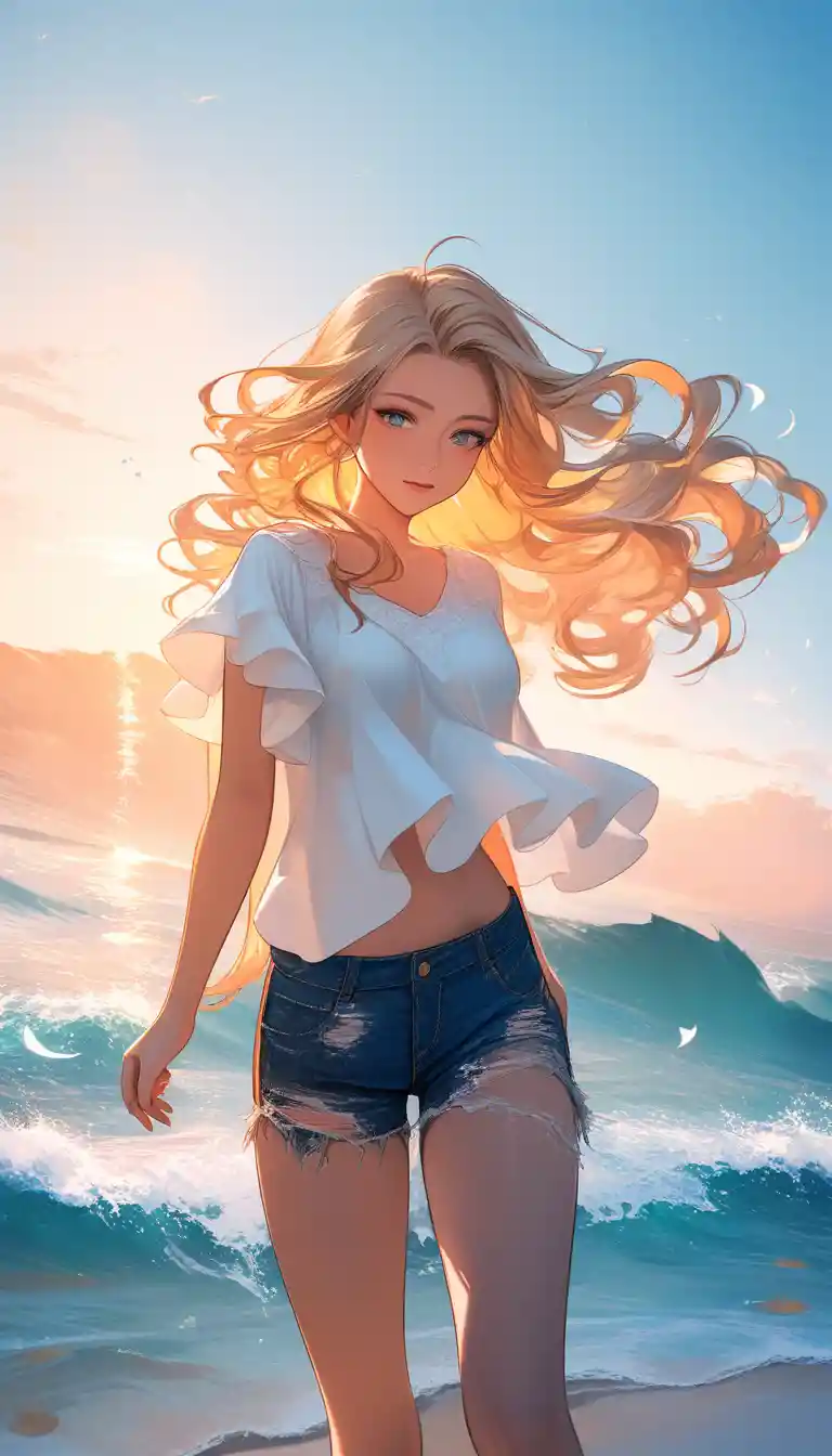 Fit blonde woman in white blouse on sandy beach