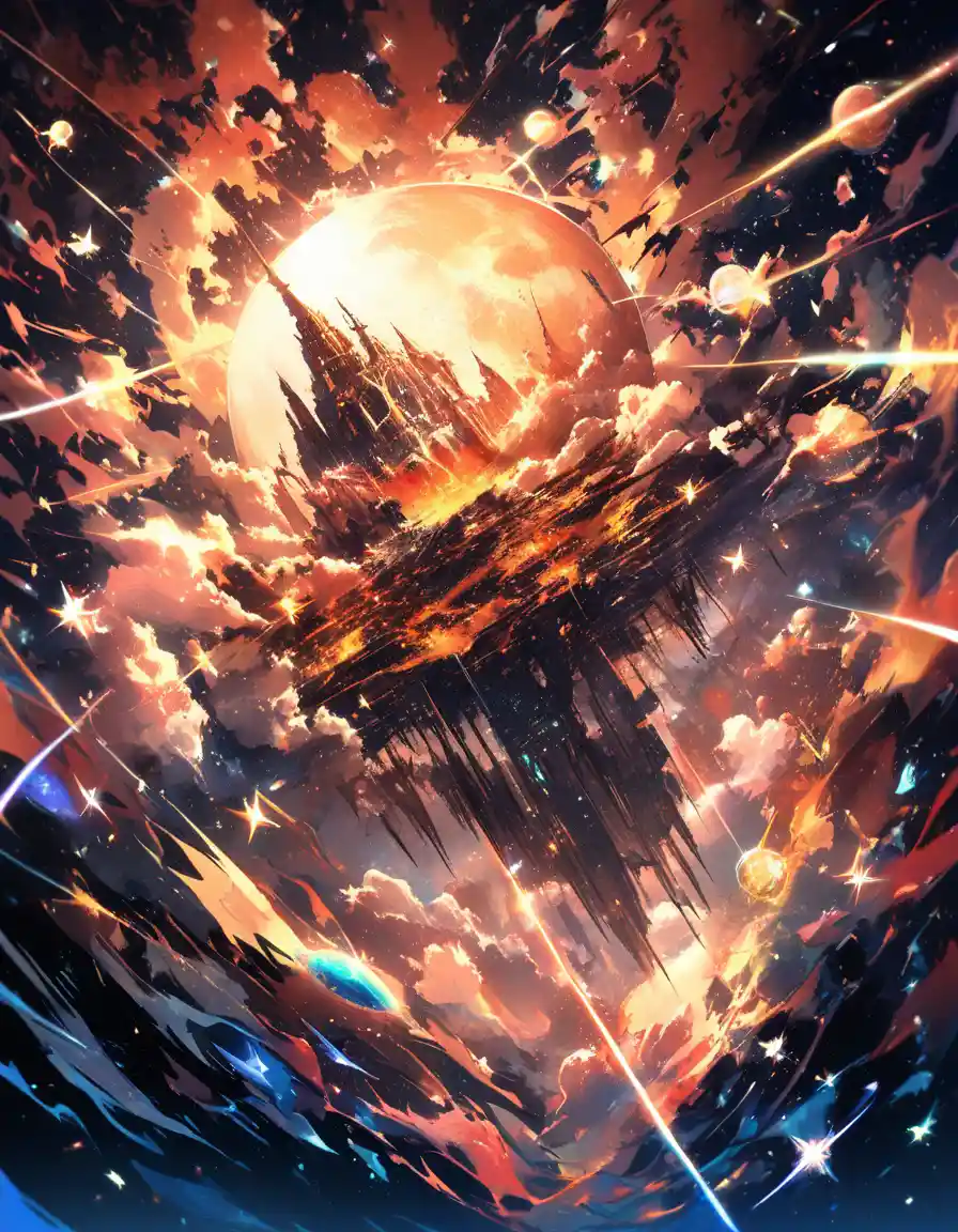 Surreal fantasy city divided by burning light and icy night