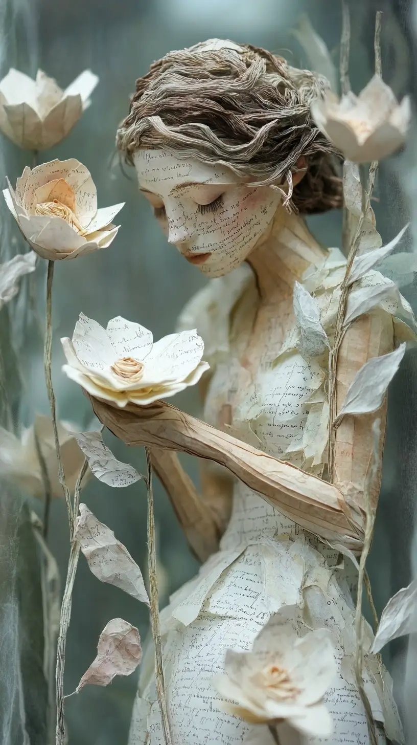 Woman botanist tending paper plants in a vellum greenhouse