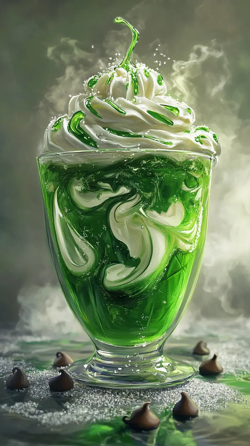 Digital painting of green jello dessert with whipped cream
