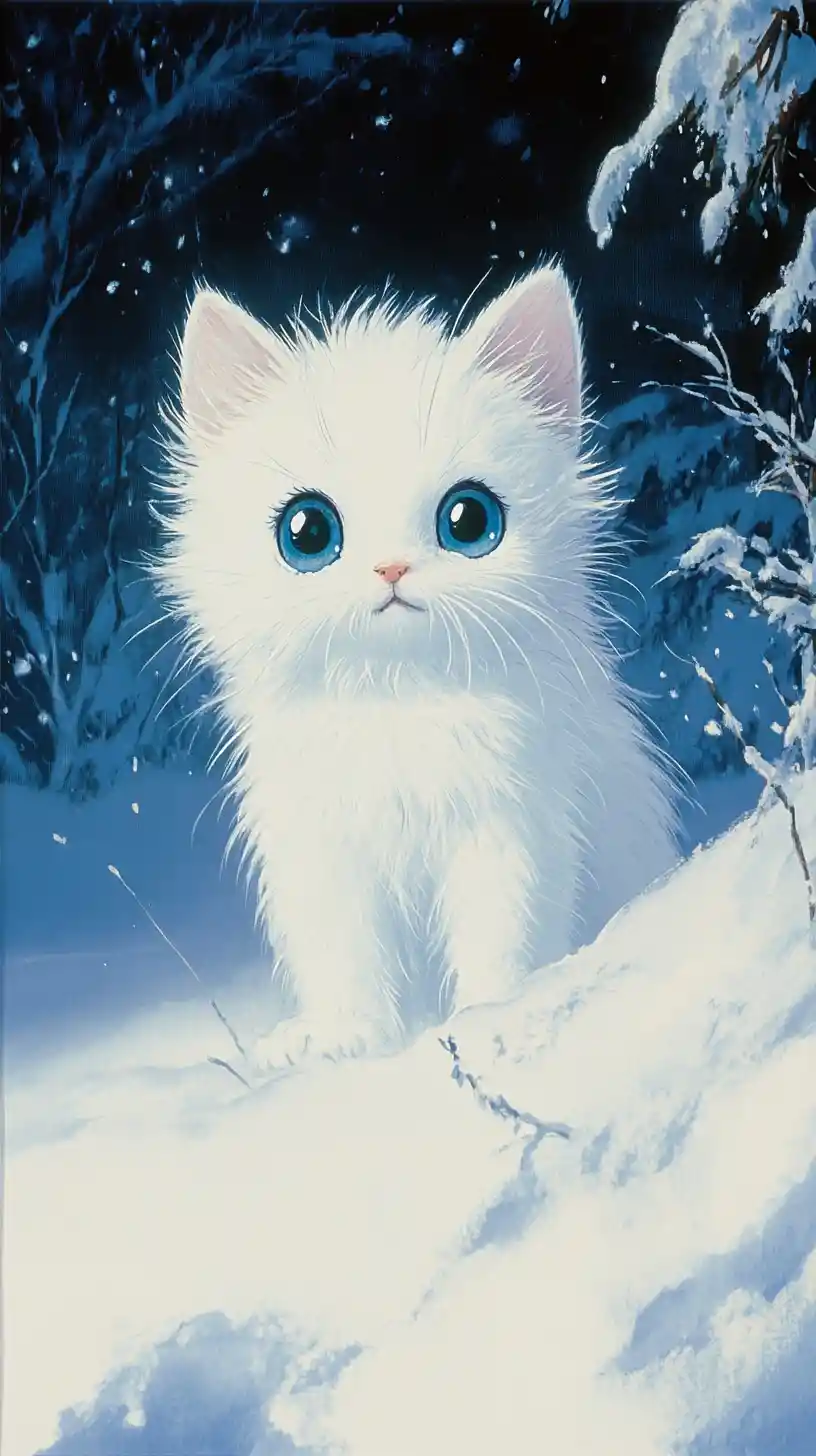 White kitten with blue eyes in a snowy backyard