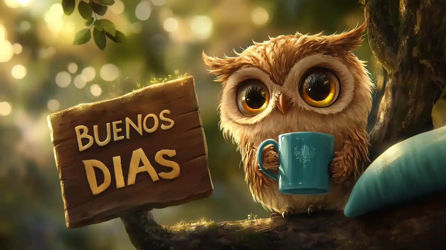 Cute cartoon owl with coffee on a forest tree