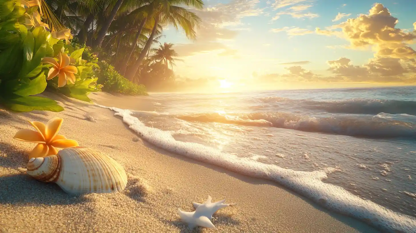 Sunlit tropical beach with waves and seagulls at dawn