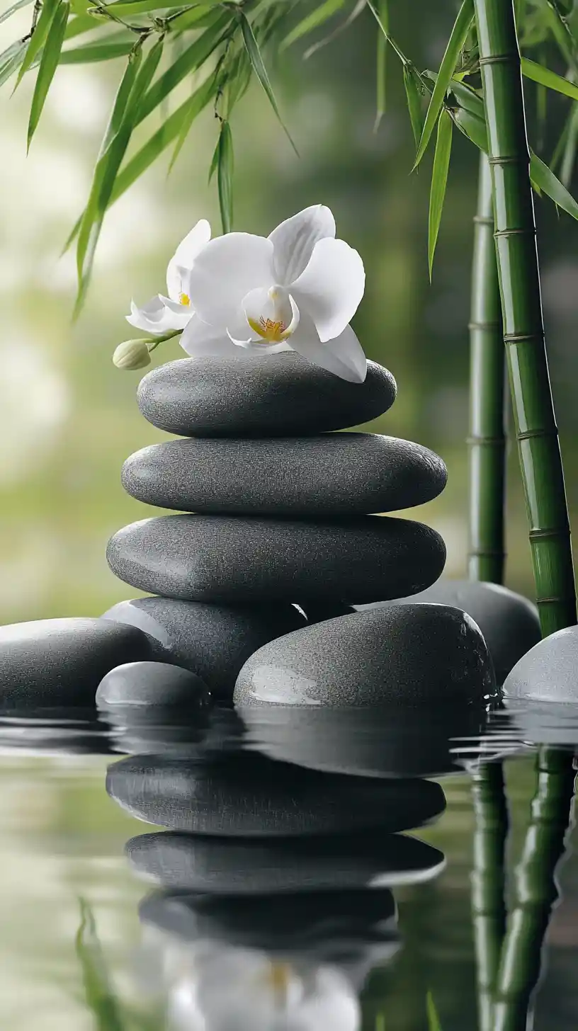 Balanced gray stones and orchid in bamboo zen garden