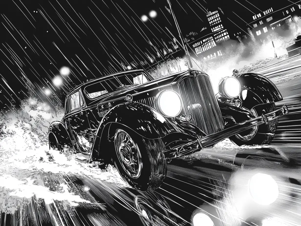 Vintage coupe racing through rainy night city street