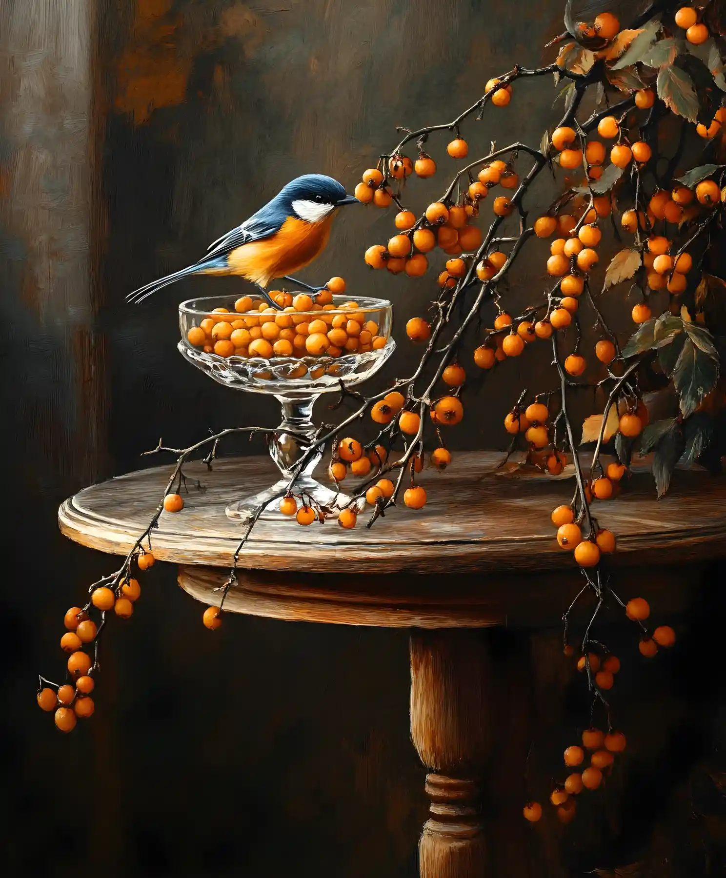 Mésange bleue avec argousier sur une table en bois vintage