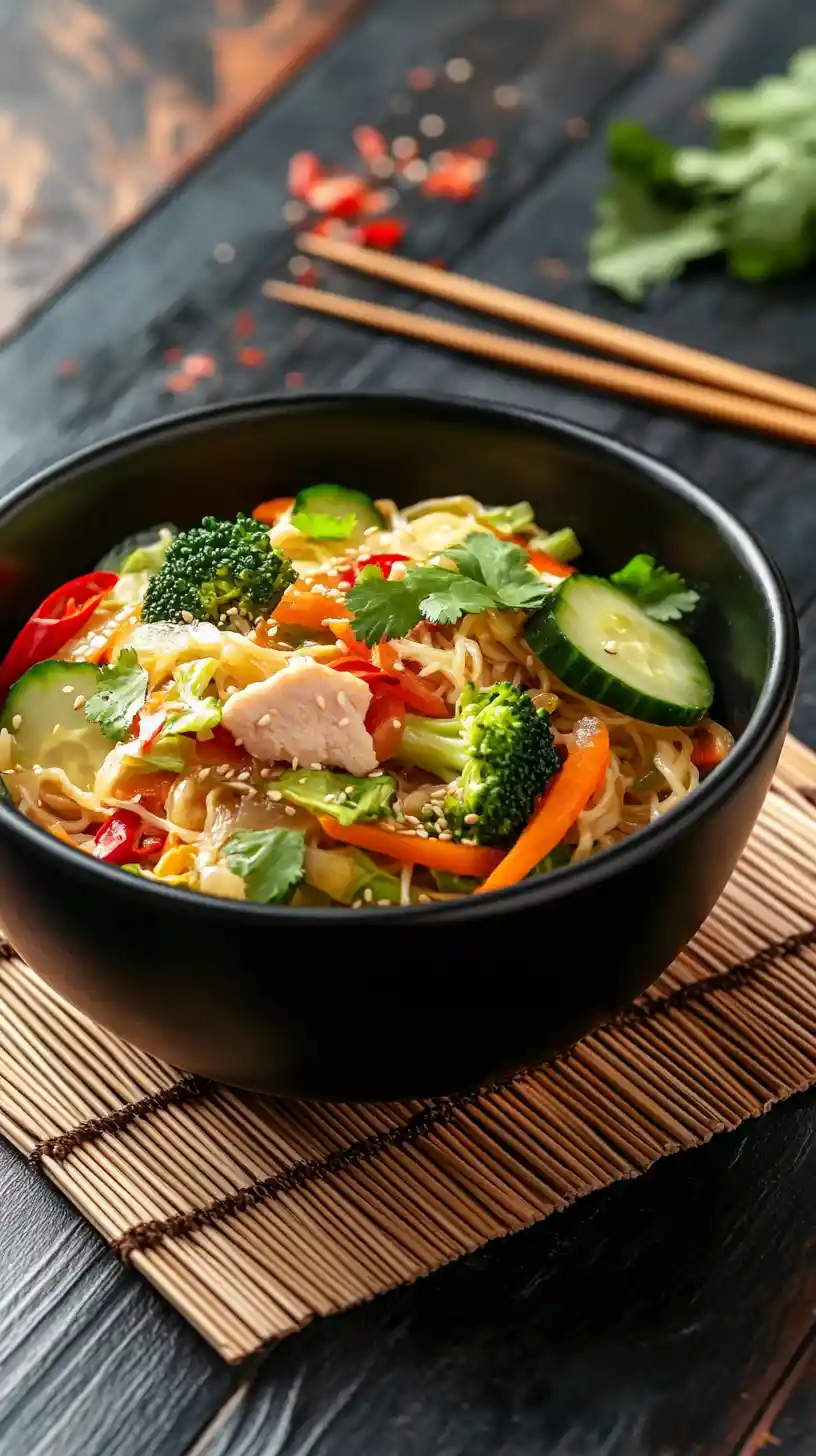 Oil painting of colorful noodle stir fry in black bowl