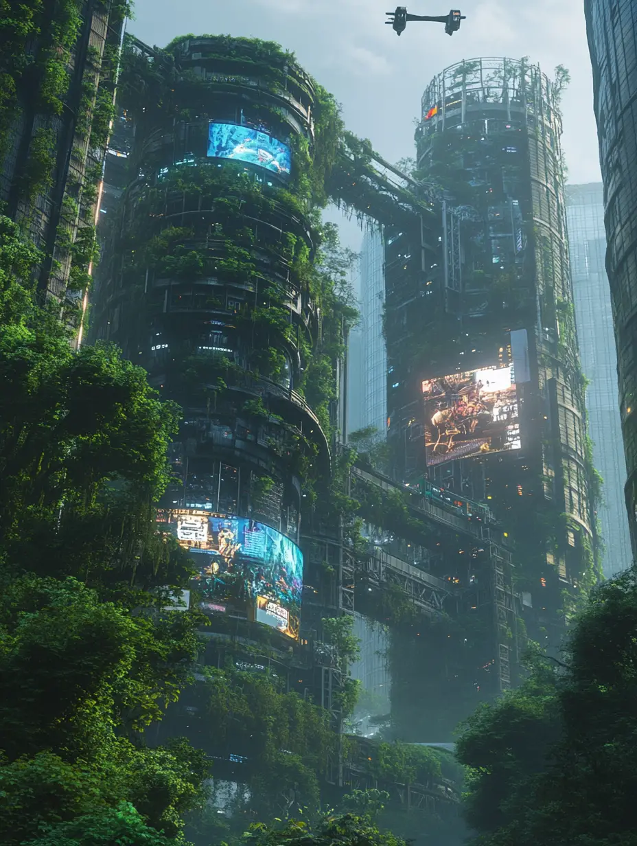Futuristic jungle megacity where nature overtakes technology