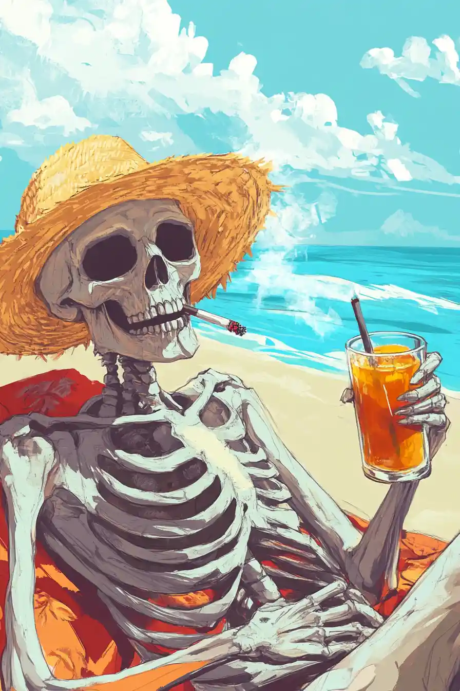 Sensenmann entspannt im sonnigen Strandurlaub