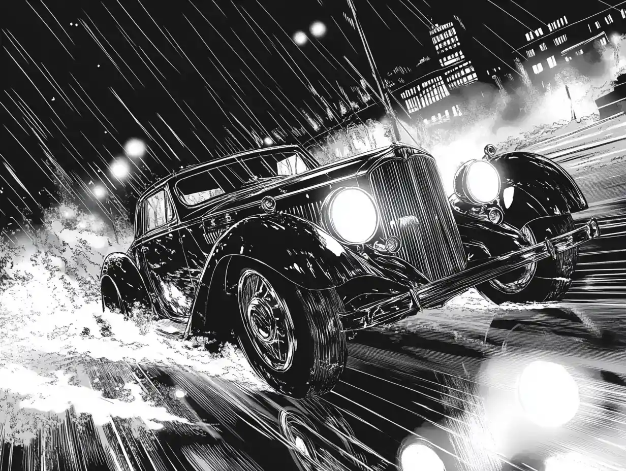 Coupé d’epoca che sfreccia in una strada cittadina in una notte di pioggia