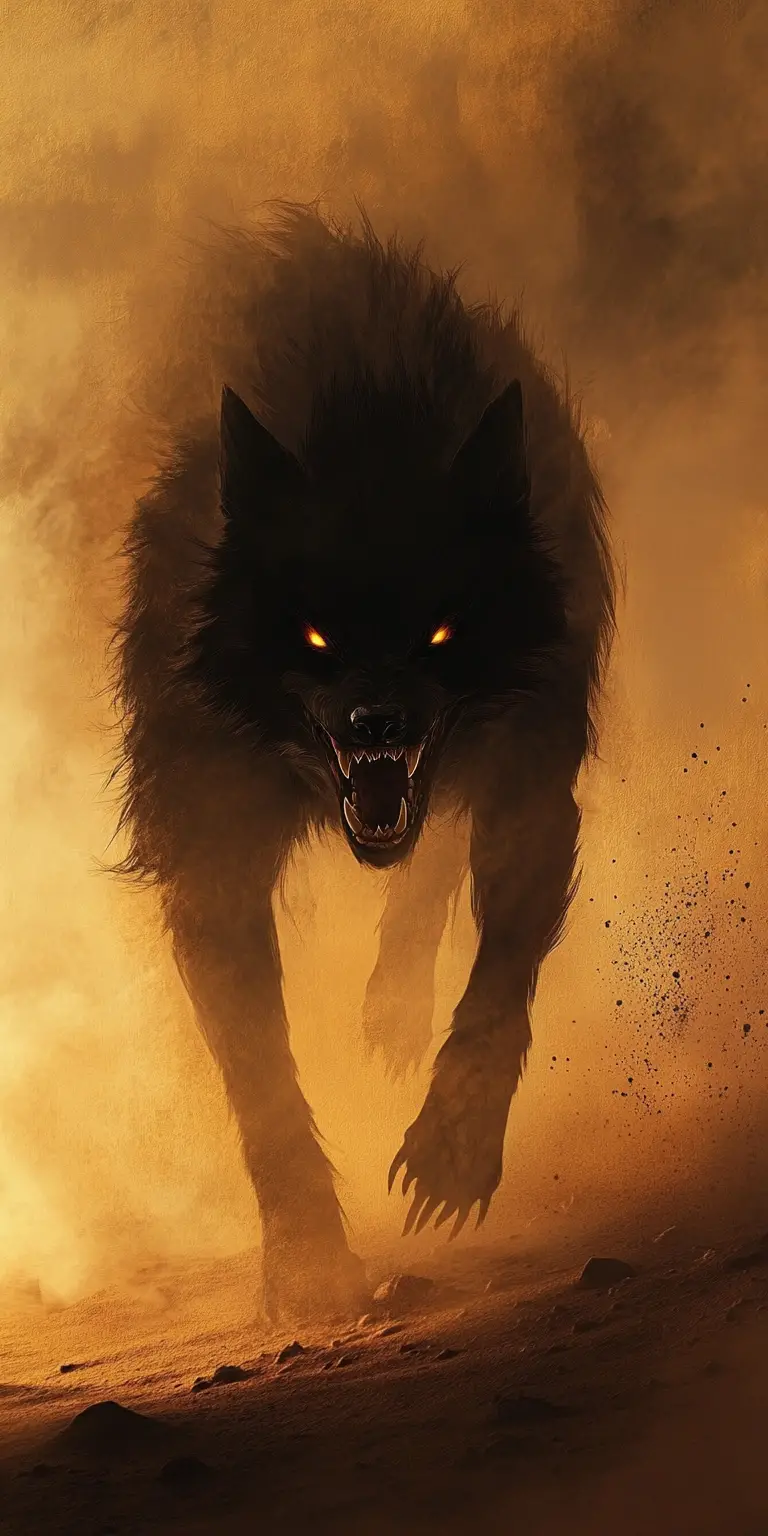 Dark shapeshifting creature stalking across the desert night
