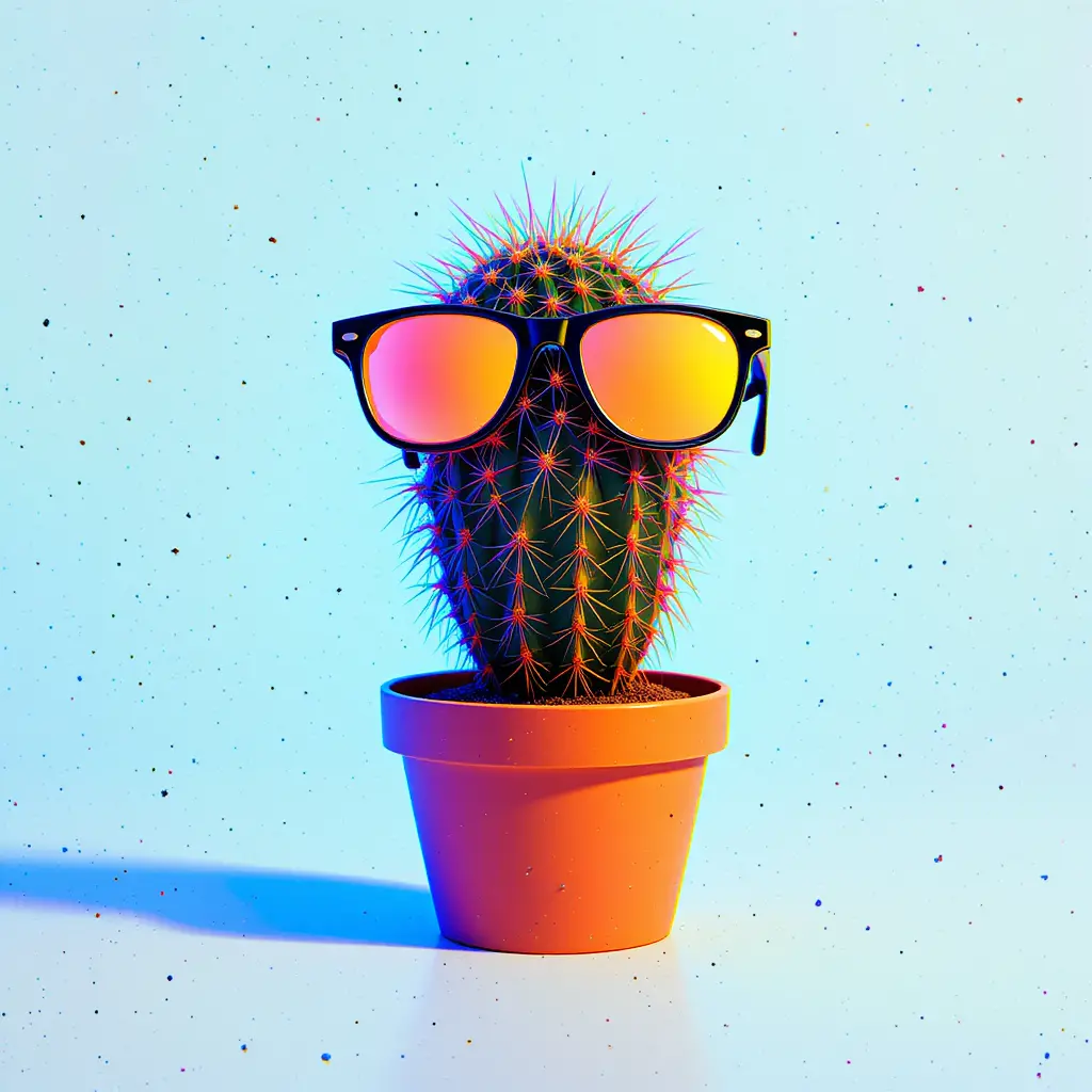 Small cactus with colorful sunglasses on white background
