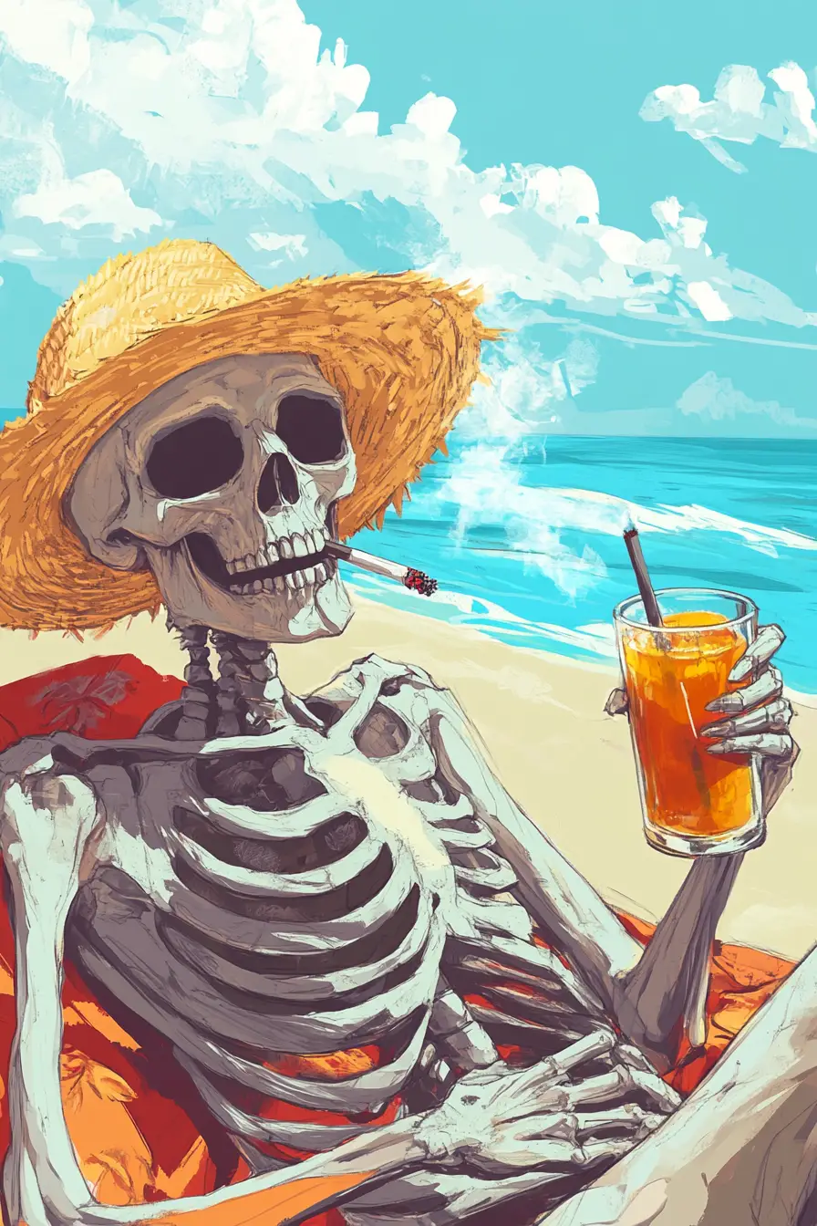Grim reaper relaxing on a sunny beach vacation