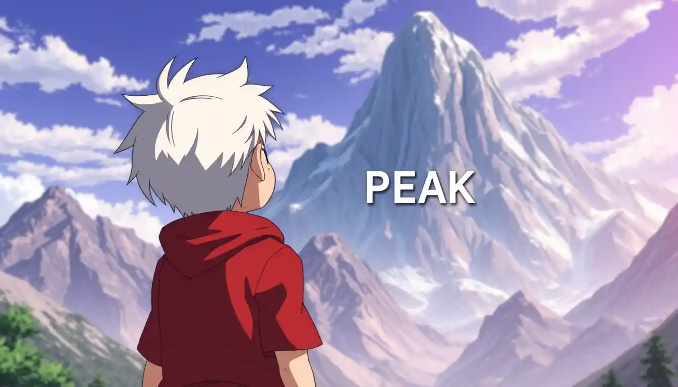 Ragazzo dai capelli bianchi davanti a una montagna imponente in stile anime