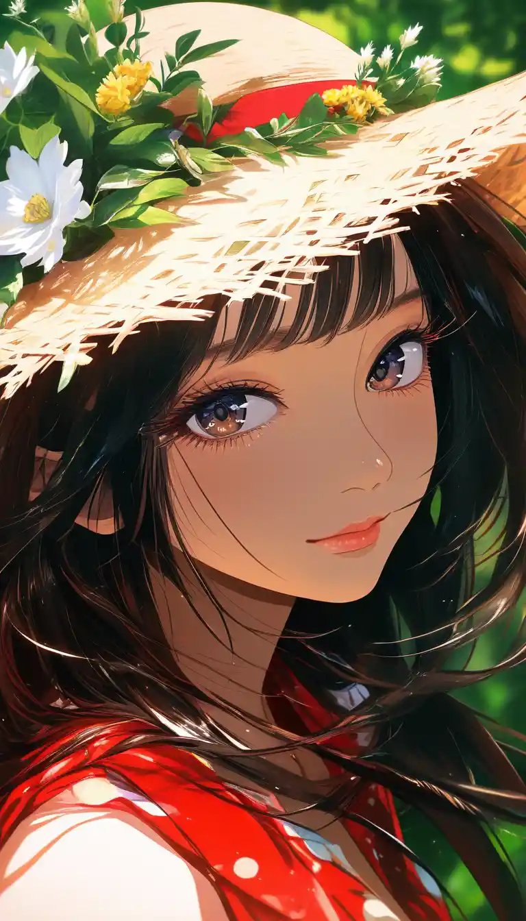 Anime girl in straw hat and red dress portrait