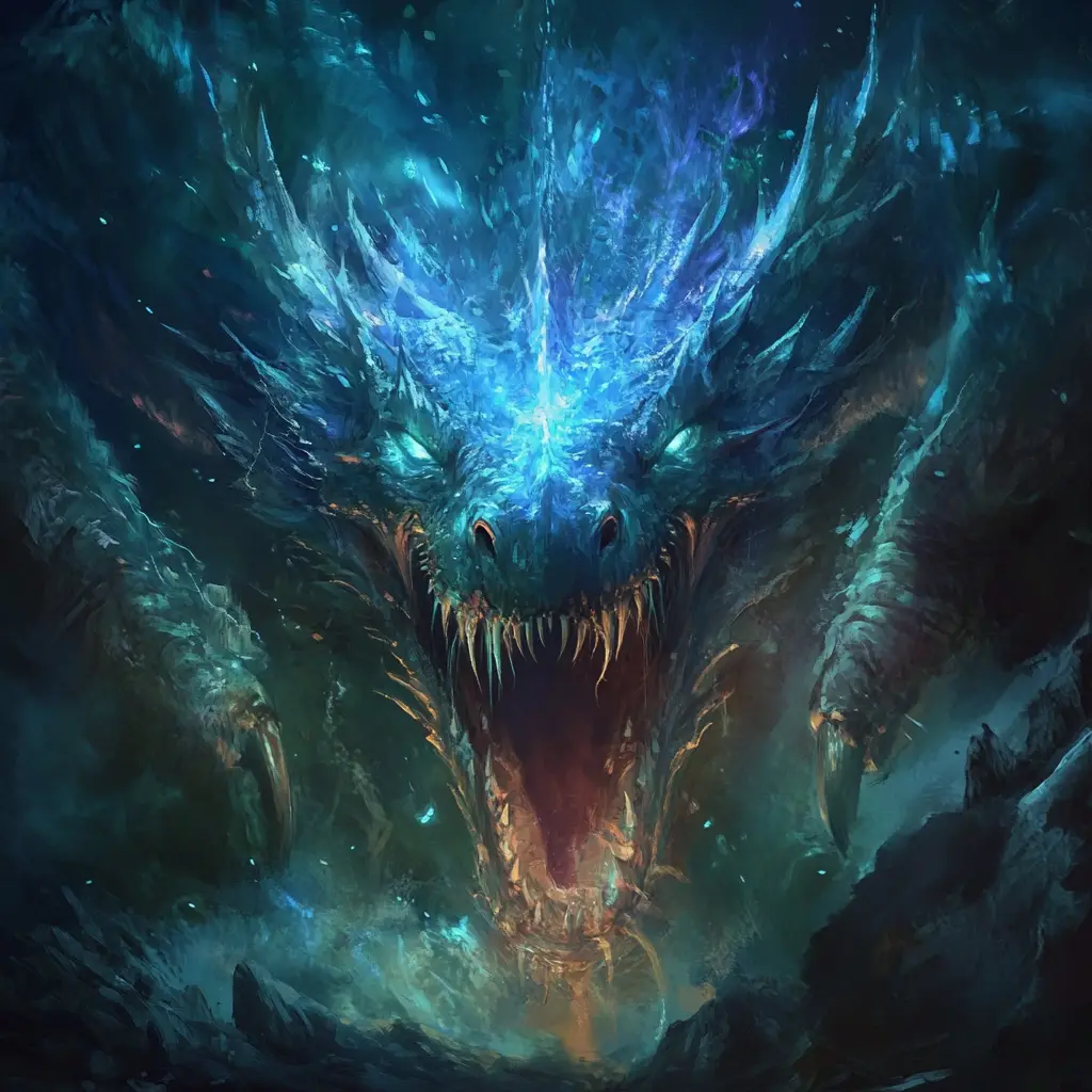 Bioluminescent Dragon Emerging Fiercely From A Dark Cave
