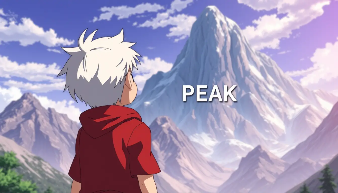 White haired boy facing a towering mountain in anime style