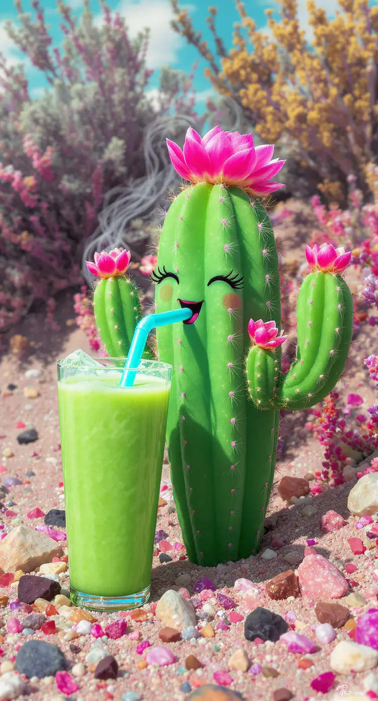 Smiling green cactus sipping a cool smoothie in desert