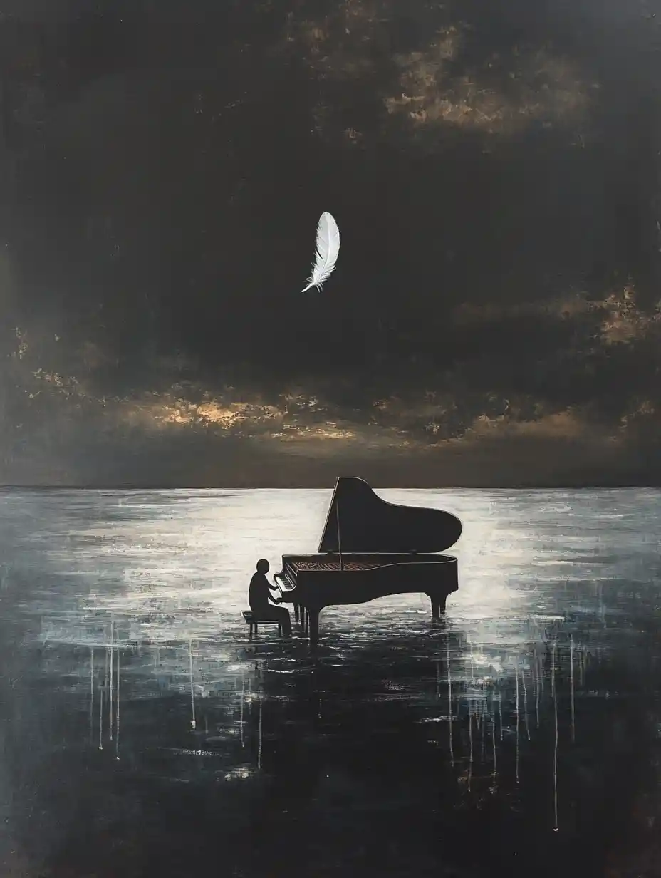Surreal faceless figure on piano in a calm ocean