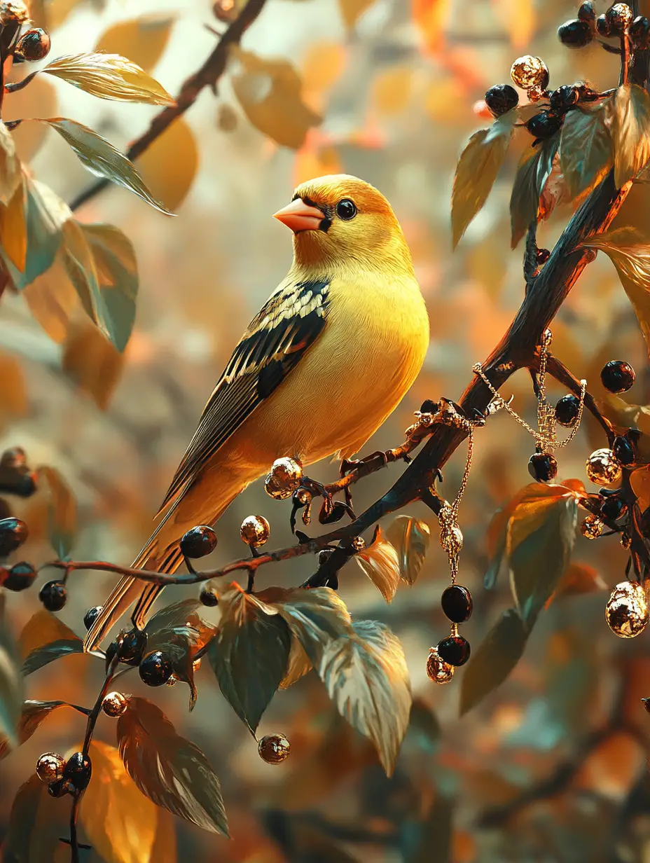 American goldfinch perched on a tree in acrylic painting