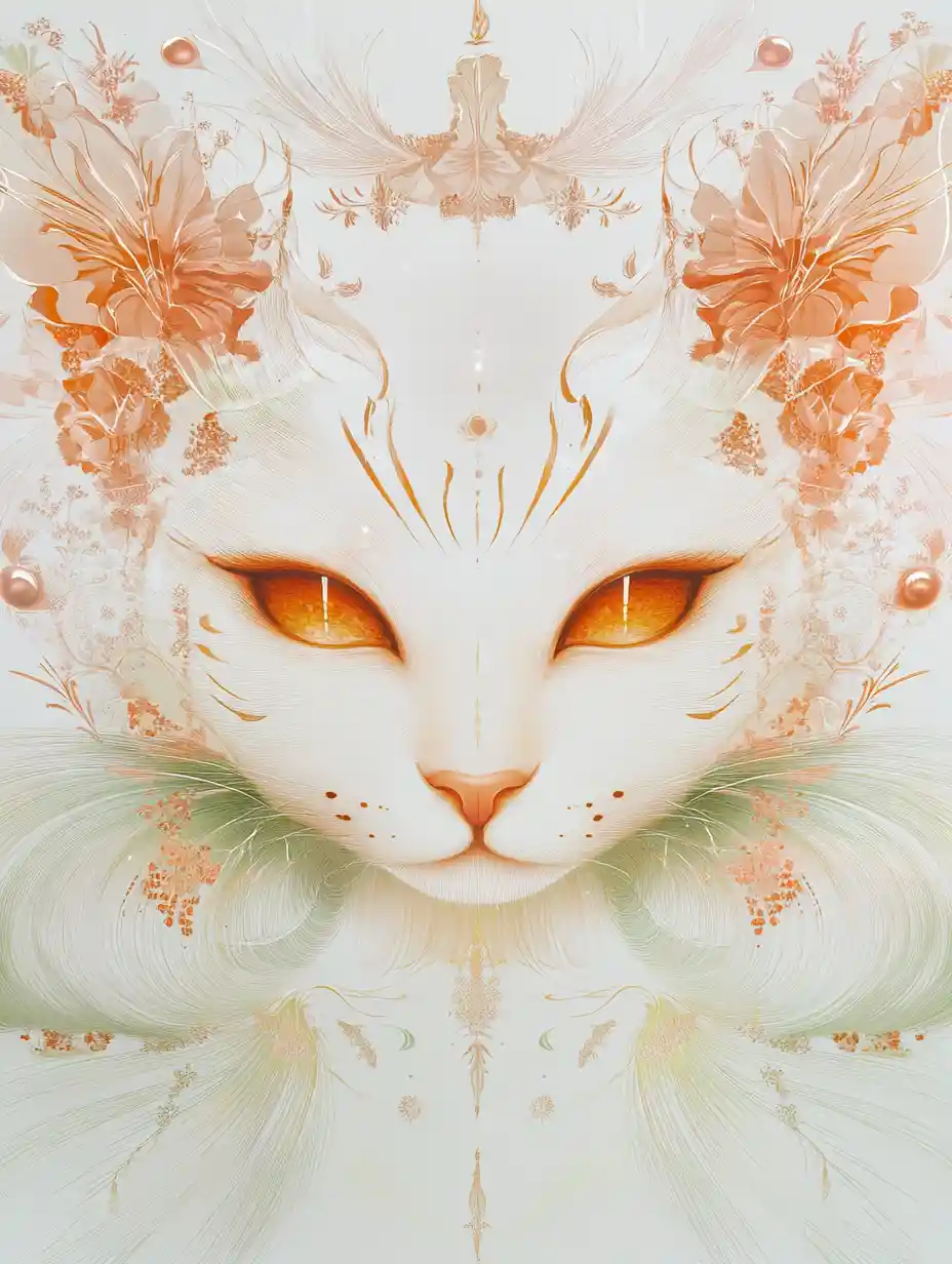 Symmetrical celestial feline portrait with glowing golden markings