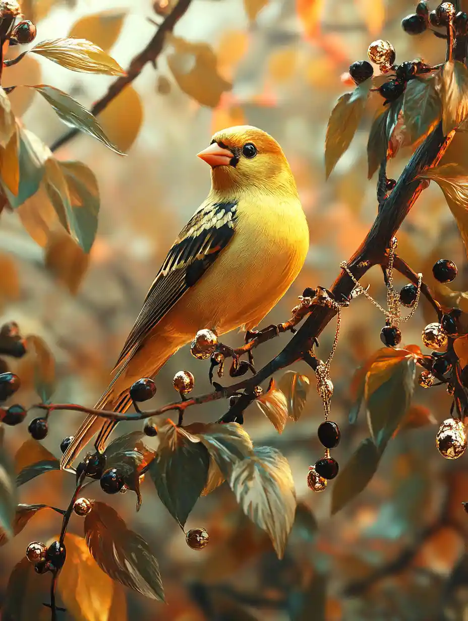 American goldfinch perched on a tree in acrylic painting