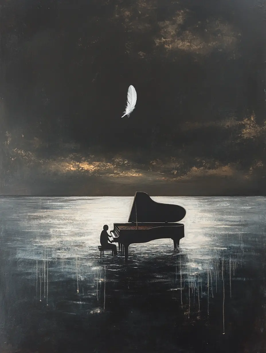 Surreal faceless figure on piano in a calm ocean