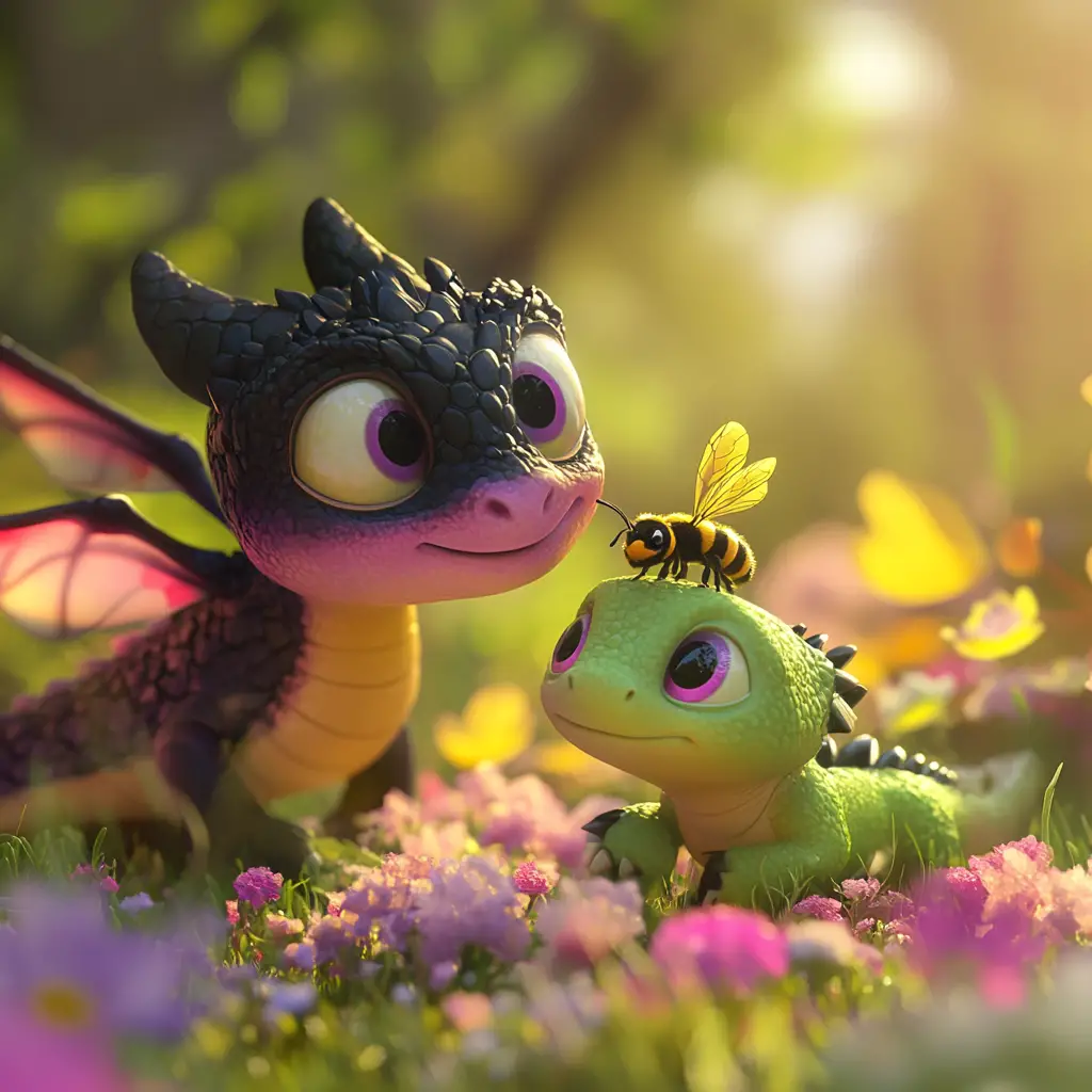 Cute baby dragon with bumblebee in a sunny meadow