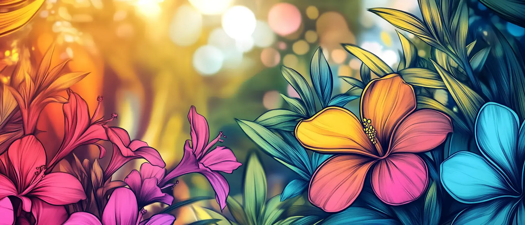 Colorful tropical flower illustration with sunny bokeh background